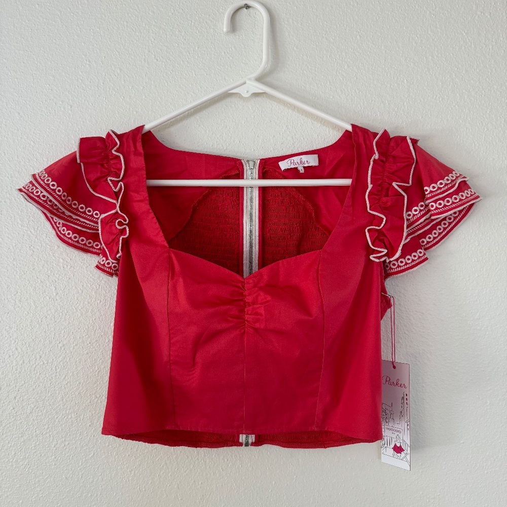 Parker Women's Adalna Ruffle Sleeve Back Zip Cropped Top NWT Small